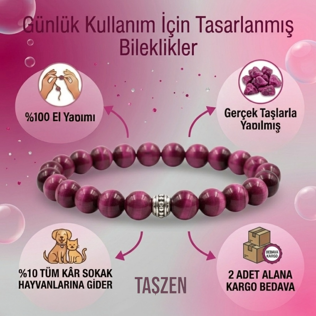 Pembe Kaplan Gözü Doğal Taş Bileklik