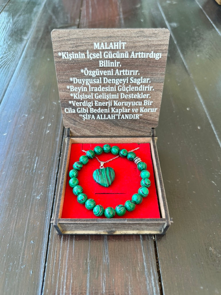 Malahit Dogal Tas Bileklik + Kolye