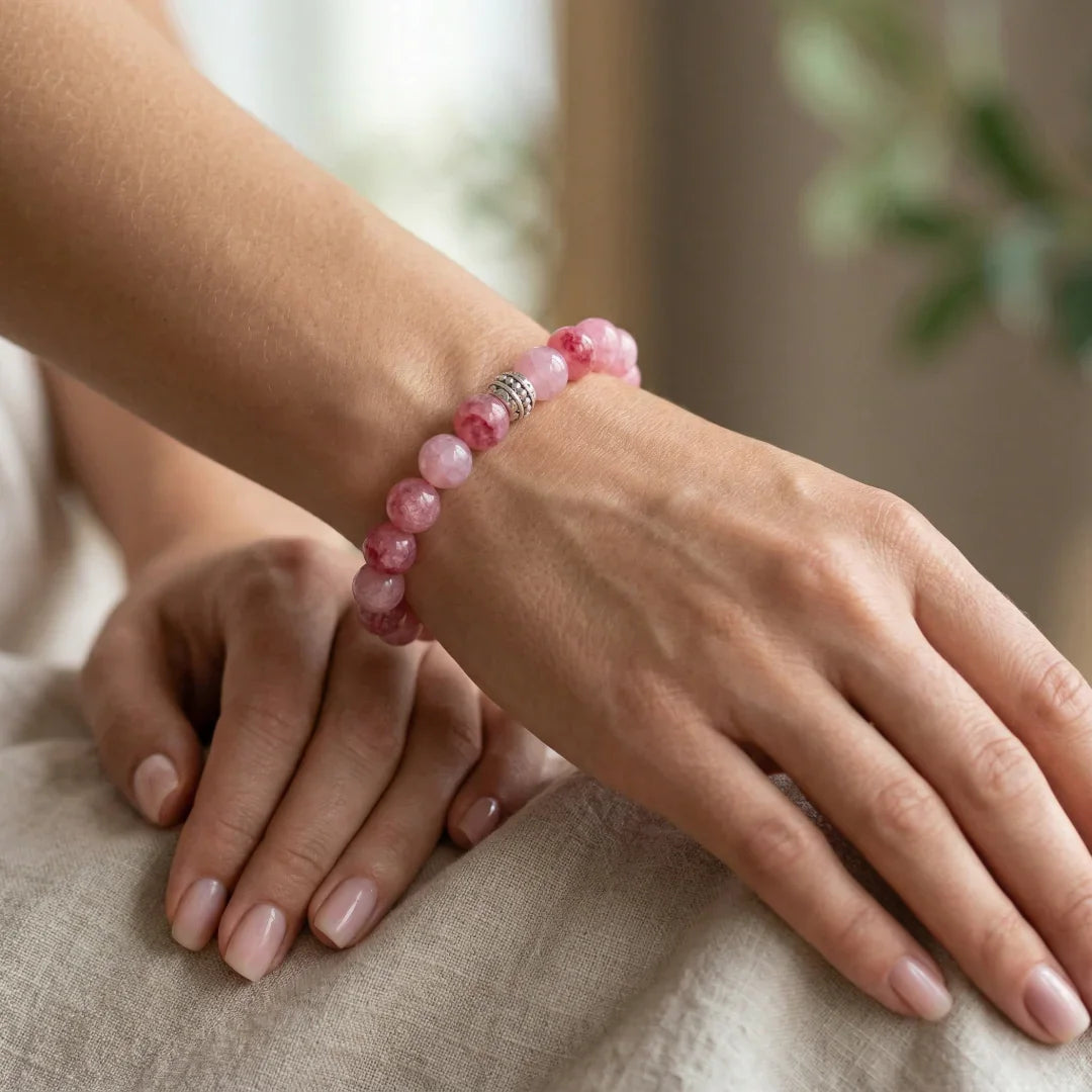 Koyu pembe bileklik yakın çekim – doğal taş detayı