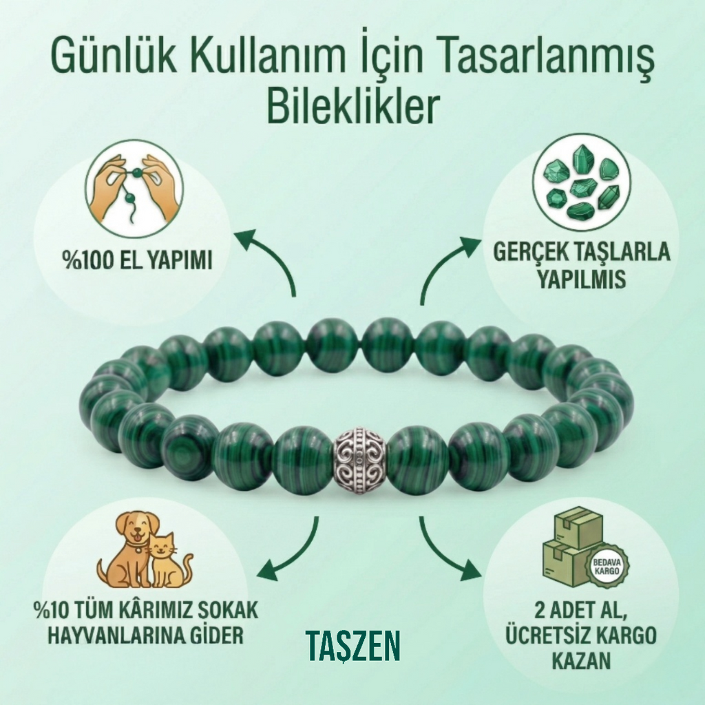 Malakit Doğal Taş Kolye ve Bileklik Seti