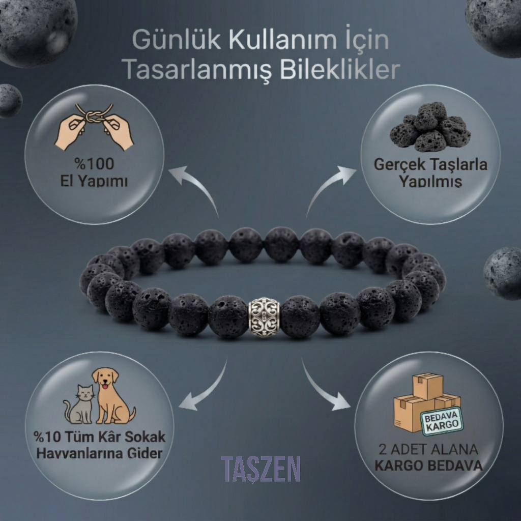 Doğal Lav Taşı Bileklik – Erkek & Kadın