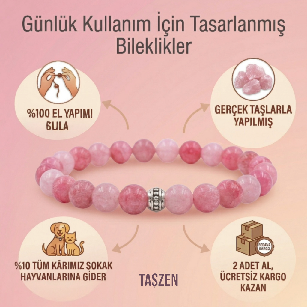 Koyu Pembe Doğal Taş Bileklik