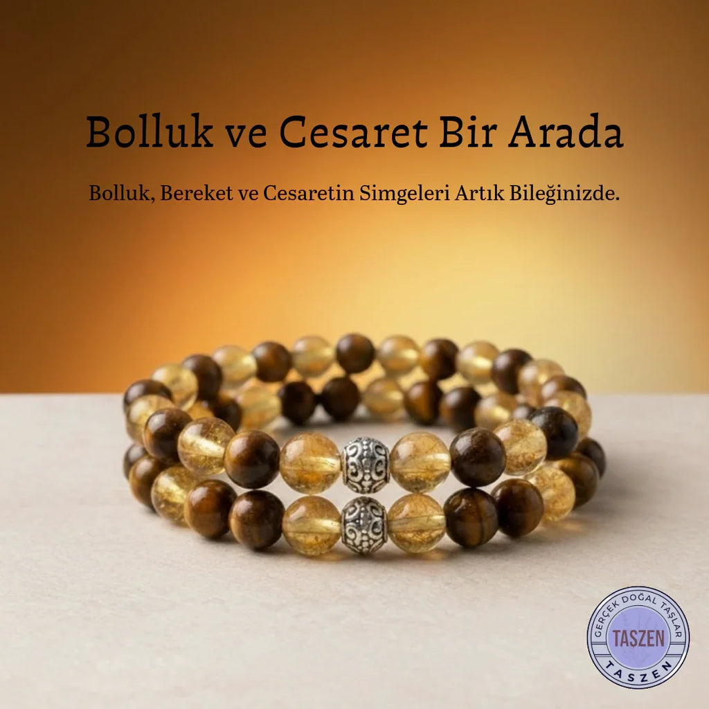Sitrin ve kaplan gözü doğal taş bileklik – sarı sitrin tiger eye kombinasyonu