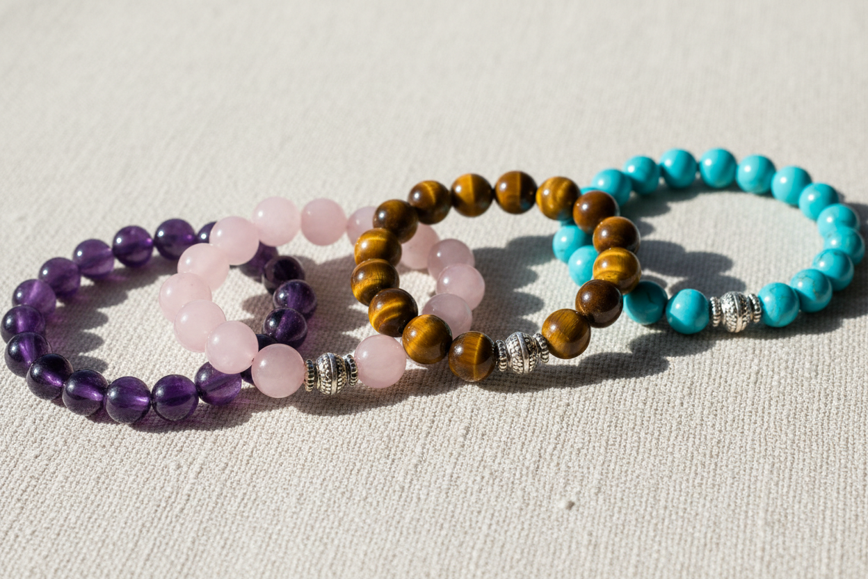 Usta işçiliği ile yapılmış, metal ara boncuklu, yüksek kaliteli Doğal Taş Bileklik Koleksiyonu.

Ana Taşlar: Ametist (Huzur, Sezgi), Pembe Kuvars (Sevgi, Şefkat), Kaplan Gözü (Odak, Güç), Turkuaz (Koruma, İletişim).